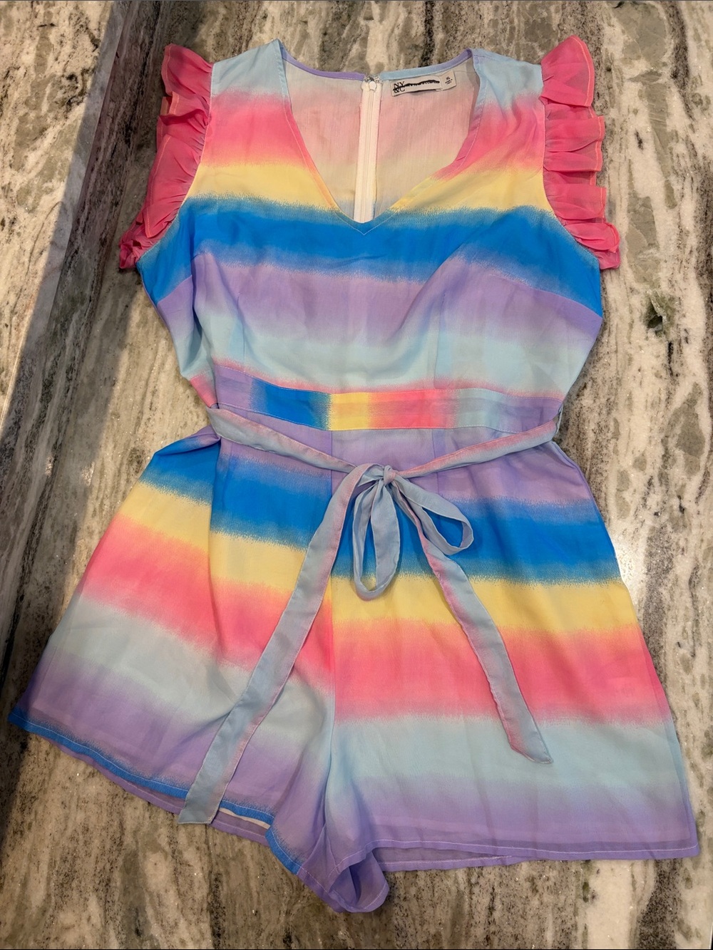 New York & Company Pastel Rainbow Stripe Ruffle Sleeve Romper